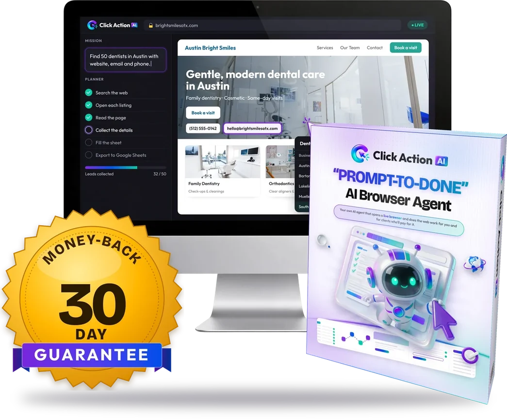 The Click Action AI box, a monitor running a live mission and the 30-day money-back guarantee seal