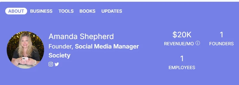 Amanda Shepherd's founder profile showing $20K revenue a month