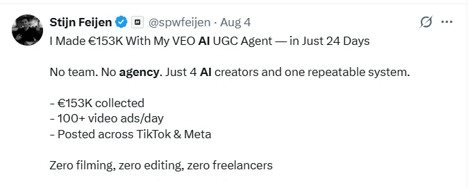 Post: €153K with an AI UGC agent in 24 days