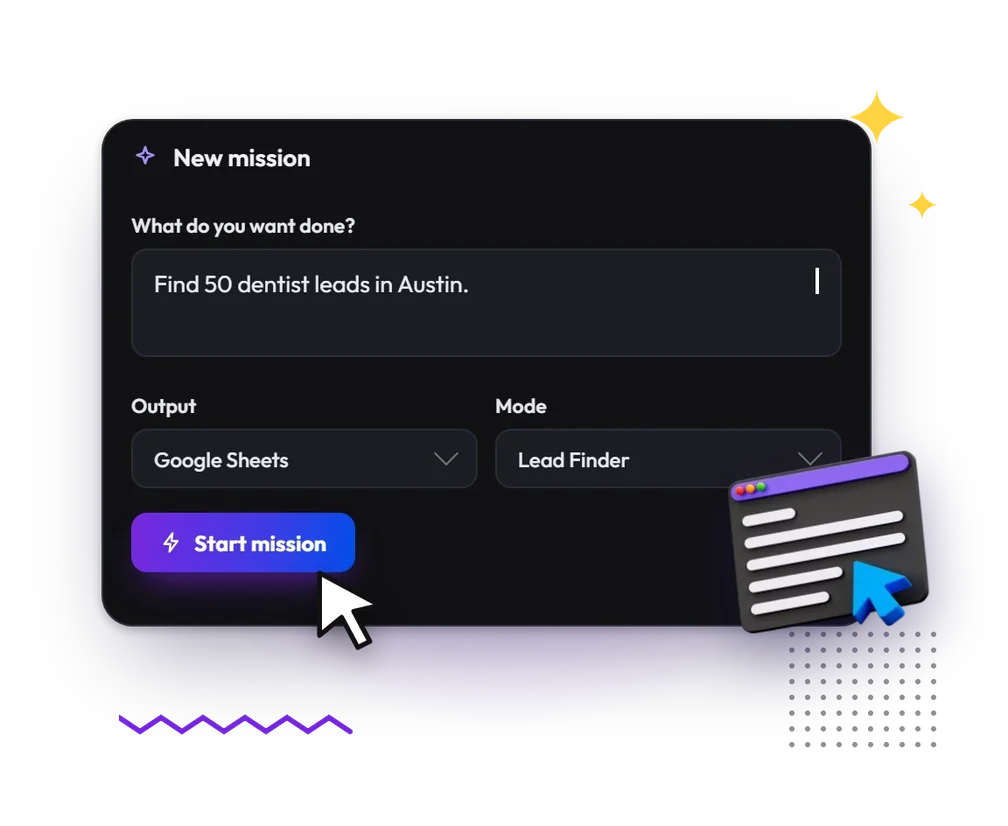 The Click Action AI prompt box with a new mission typed in plain English